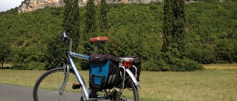 A bicycle with a rear rack and a blue bag attached, parked on a paved path with a grassy area and a forested hill in the background.