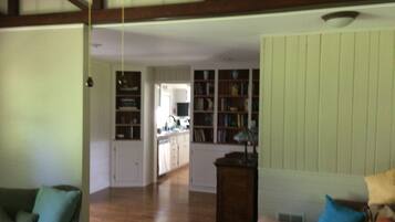 Smart TV, lareira, DVD player, livros