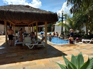 Outdoor pool, a heated pool, pool loungers
