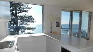 A modern kitchen with a large window overlooking a scenic view of the sea and trees. - Cronulla Ocean View Apartment 87 (Cronulla)