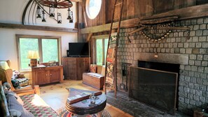 TV, fireplace, DVD player, books