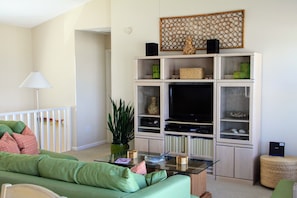 Smart-tv, dvd-spelare, böcker och ett filmbibliotek