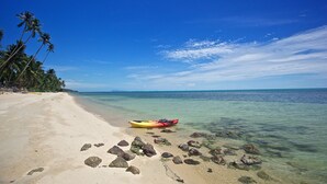 Una playa con agua turquesa cristalina, una orilla de arena y una hilera de palmeras.