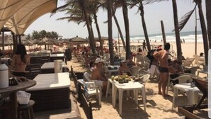 Un café situé en bord de mer, avec une terrasse, des palmiers et une vue sur l’océan.