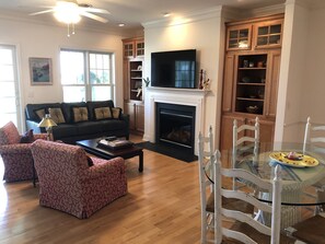 TV, fireplace, video games, foosball