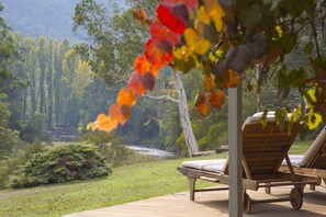 A wooden deck with lounge chairs overlooking a river and forest. - Riverside House on the beautiful Howqua River (Howqua)