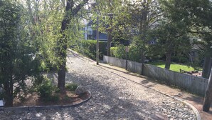 A paved pathway with a stone border, surrounded by trees and a wooden fence. - The Folger House on historic Academy Hill, Nantucket (Nantucket)