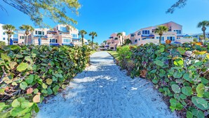 A pathway leading to a row of modern beachside buildings with palm trees and greenery. - Unit #207 Sand Cay Beach Resort Pool View (Longboat Key)