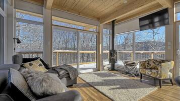 TV, lareira, livros, escritórios