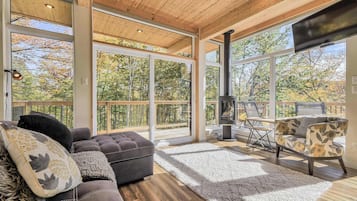 TV, fireplace, books, offices