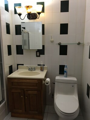 Ein Badezimmer mit weißem Waschbecken, Holz-Badmöbel, einem Spiegel, einer Toilette und einer Duschkabine.
