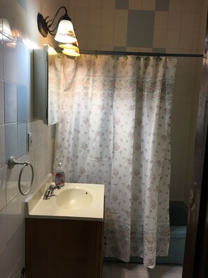 Ein Badezimmer mit Waschbecken, Spiegel, Handtuchhalter, Duschvorhang und einer Wandleuchte.