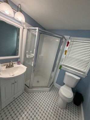 Une salle de bain avec une douche à parois de verre, un lavabo avec un miroir et des toilettes.
