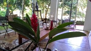 Un espacio interior amplio con ventanas grandes, una planta en maceta y suelo de baldosas.
