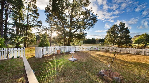 A backyard with a white picket fence, a birdbath, and a variety of trees.