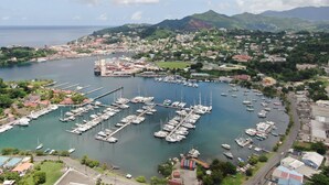 A marina with numerous boats docked, surrounded by residential buildings and greenery. - The WINDWARD -  Nearby world class marina and great terrace views (Belmont)