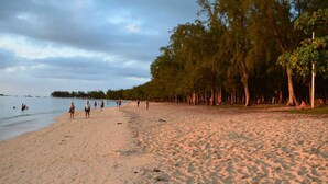 A beach with people walking and swimming, surrounded by trees. - Residence Orchid (Mont Choisy)