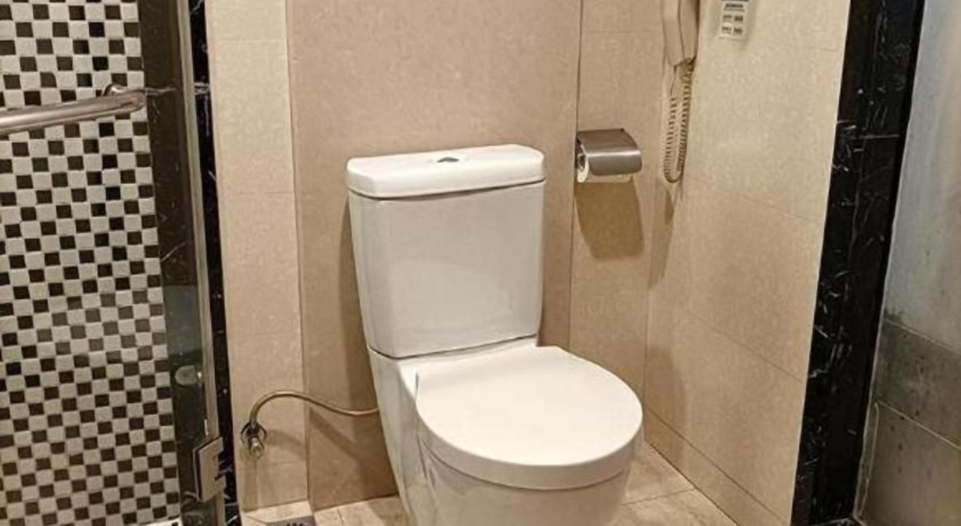 Une salle de bain standard avec des toilettes, un espace douche et un carrelage à motifs à carreaux.