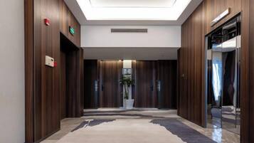 Un moderno vestíbulo de hotel con una planta central, paneles de madera y suelo alfombrado.
