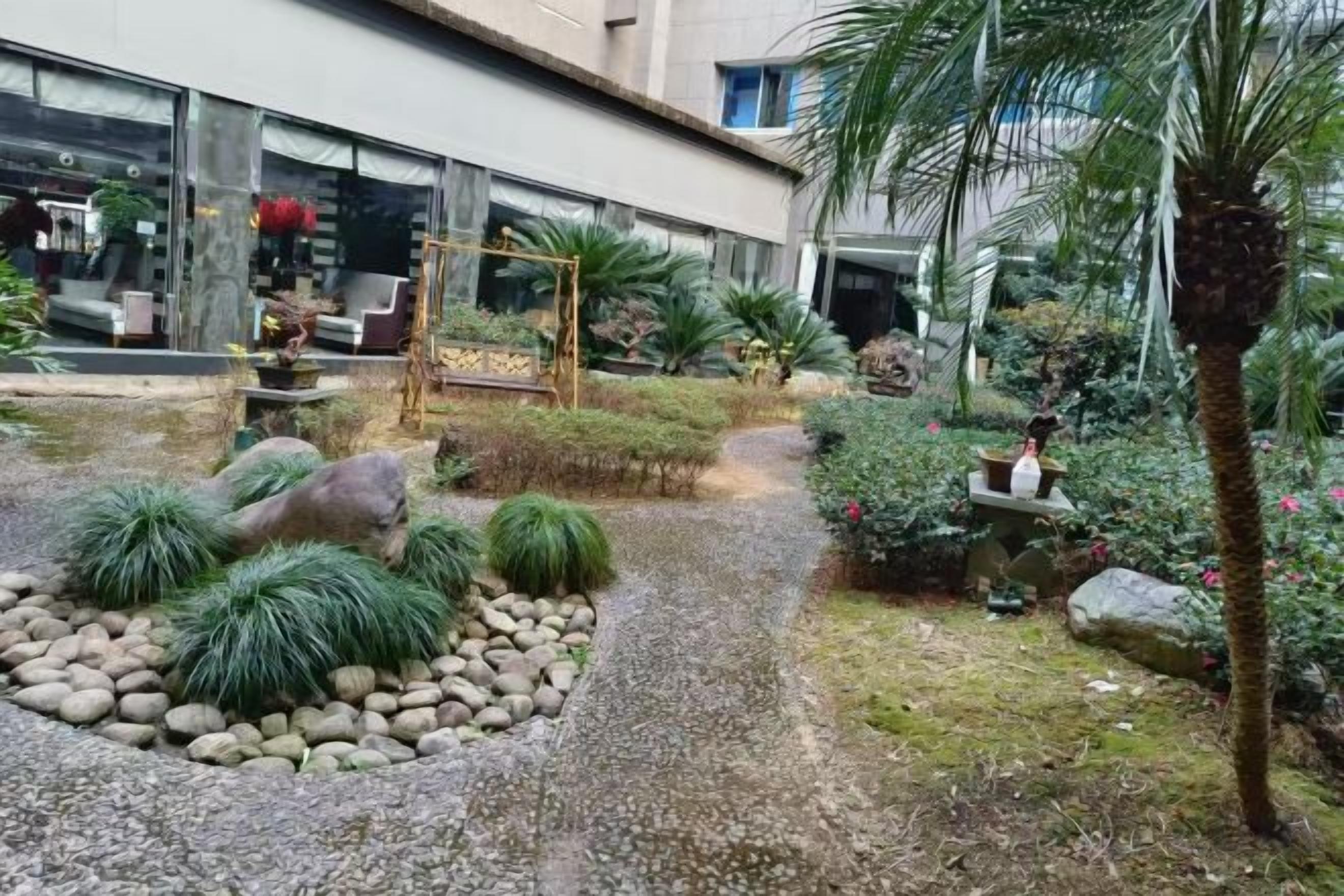 A landscaped garden with a gravel path, palm trees, and a fountain.