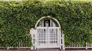Un cancello bianco con arco decorativo, circondato da una rigogliosa vegetazione.