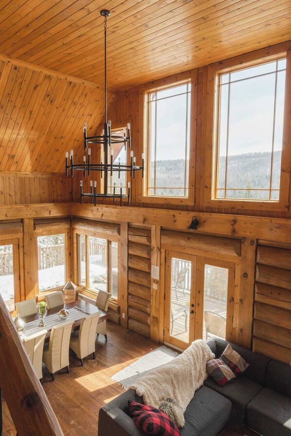 Tv, eldstad, böcker och kontor