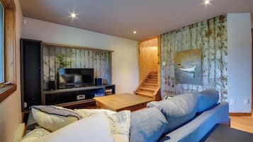 Een televisie, een open haard, boeken en een kantoor