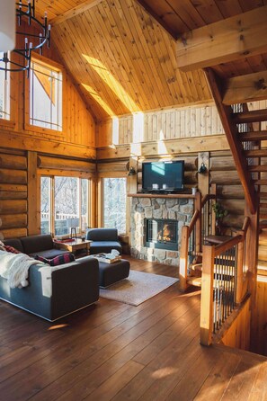 Tv, eldstad, böcker och kontor