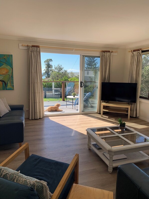 Un salon moderne avec un canapé, une table basse et un téléviseur. Une porte-fenêtre coulissante donne sur une terrasse où se trouvent un chien et du mobilier d’extérieur.