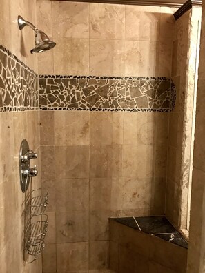 Hair dryer, towels, soap, shampoo