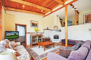 Una televisión, una chimenea, un reproductor de DVD, libros