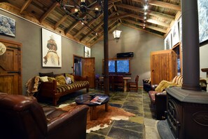 Televisio, takka, DVD-soitin, kirjoja