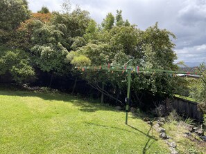 A grassy outdoor area with a clothesline and trees in the background.