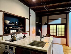 Fridge, microwave, coffee/tea maker, electric kettle