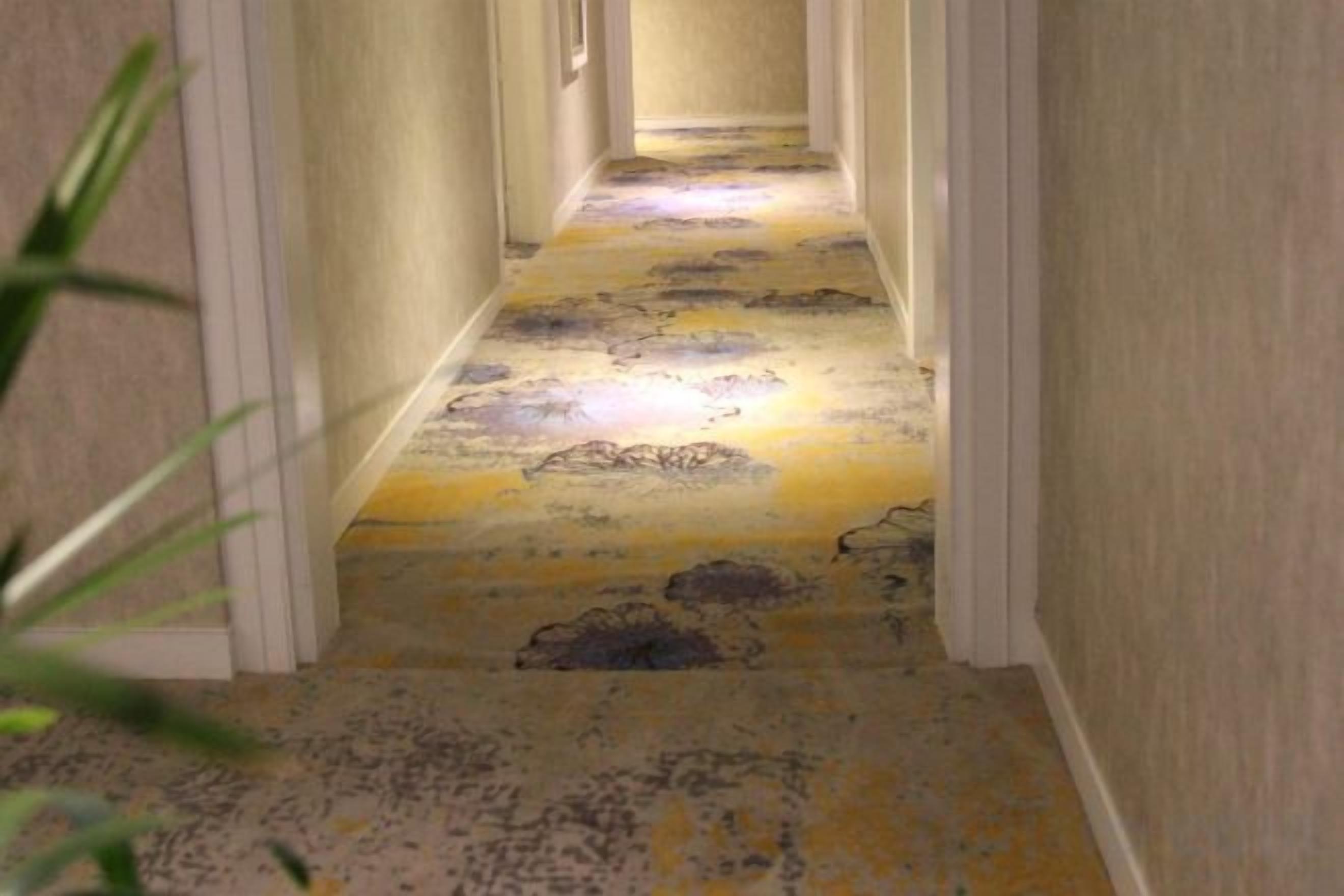A corridor with a patterned floor leading to a door.