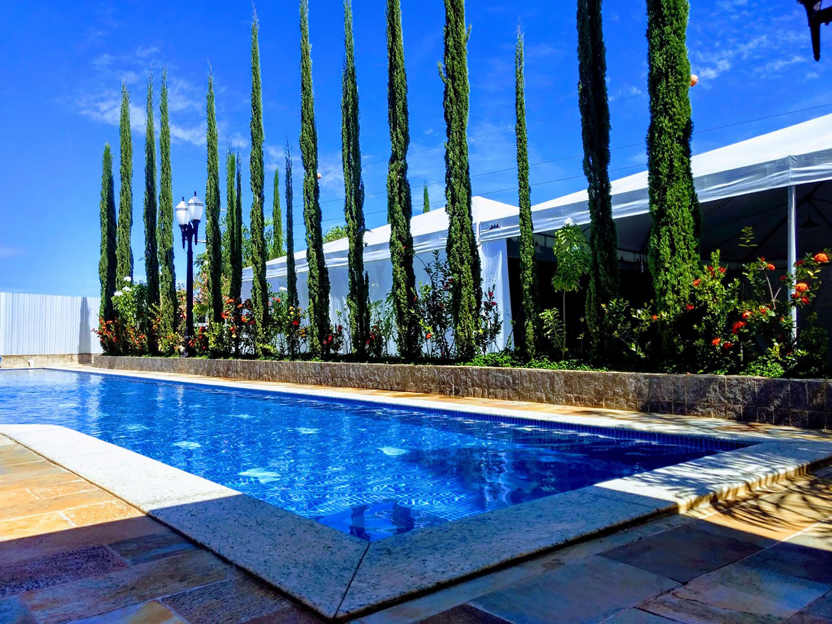 Outdoor pool, a heated pool, pool loungers