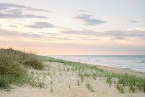 A beach with sand dunes and grass, and the ocean in the background.