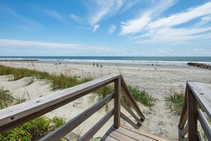 On the beach, sun-loungers, beach towels