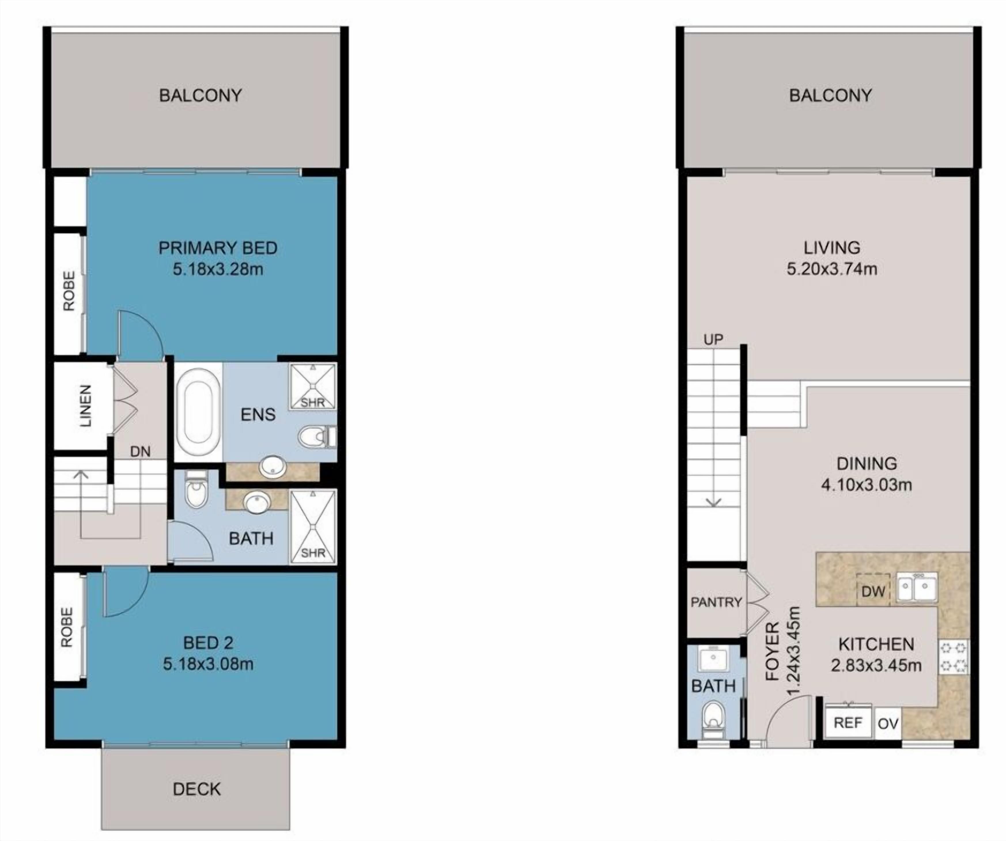 Plano de planta de un apartamento de dos dormitorios con balcón, sala de estar, comedor, cocina y terraza.