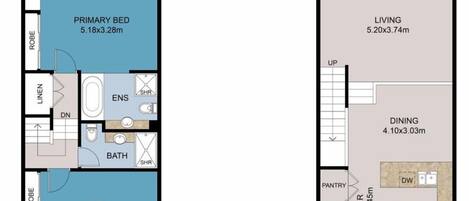 Plano de planta de un apartamento de dos dormitorios con balcón, sala de estar, comedor, cocina y terraza.