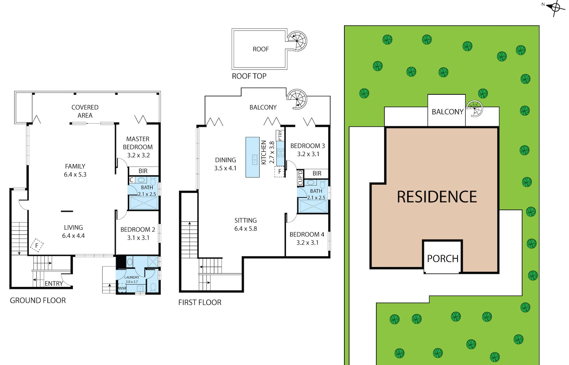 Un plan d’étage d’une résidence comprenant une zone couverte, un espace de vie familial, une chambre principale, un coin repas, une cuisine et plusieurs chambres.