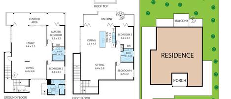 Un plan d’étage d’une résidence comprenant une zone couverte, un espace de vie familial, une chambre principale, un coin repas, une cuisine et plusieurs chambres.