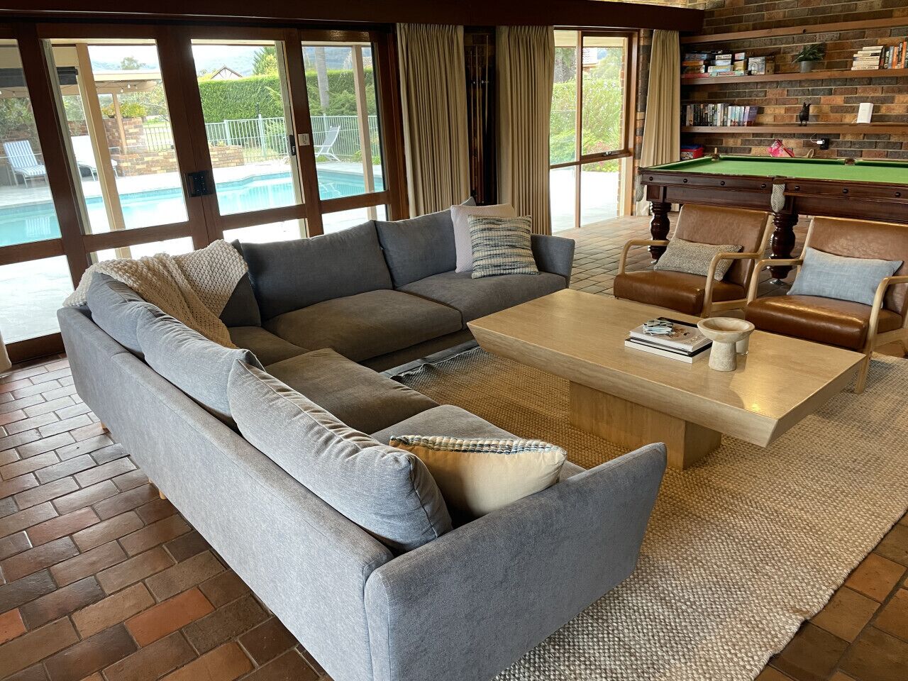 TV, fireplace, books