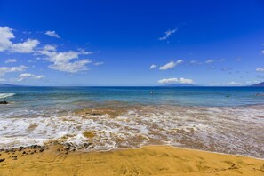 Enjoy a serene beach experience with calm ocean waters and a sandy shore.