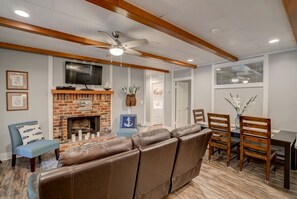 Smart TV, fireplace, DVD player, foosball
