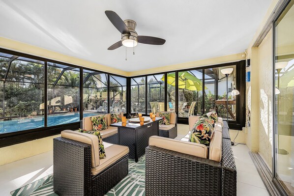 A heated pool, sun loungers