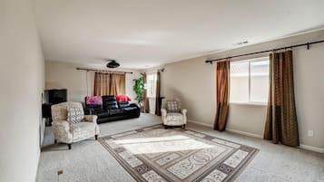 Smart TV, fireplace, video games, DVD player