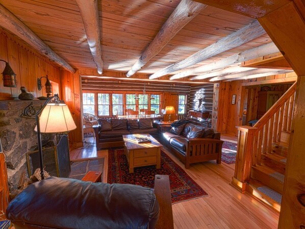 Fireplace, DVD player, books, stereo