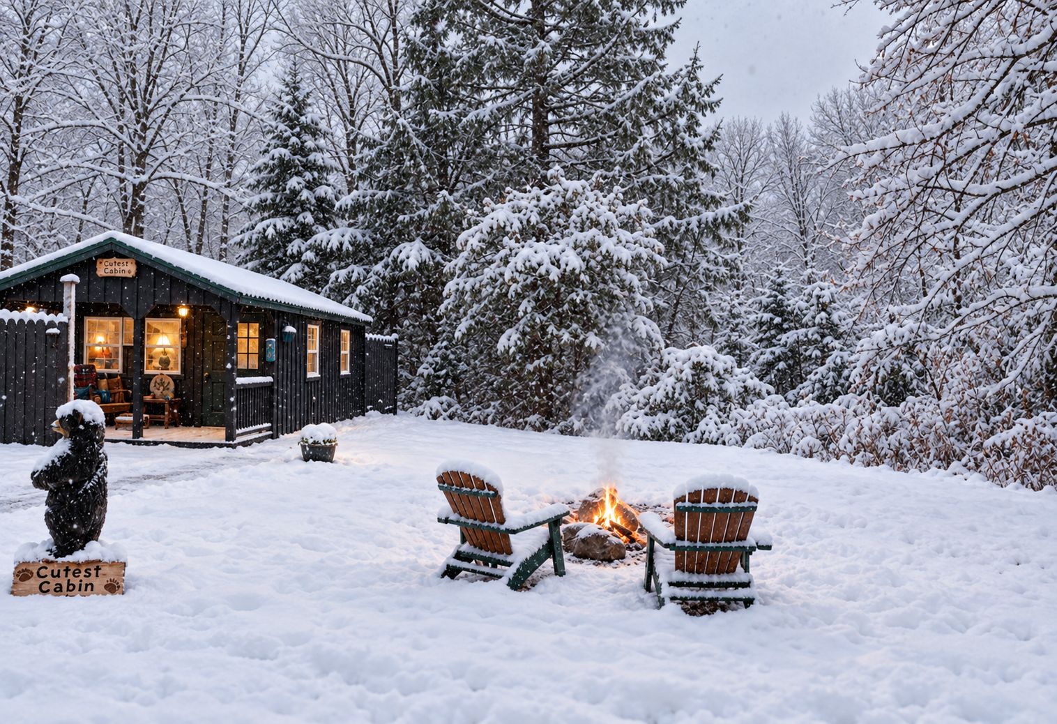 Une cabane avec un foyer et deux chaises, le tout entouré de neige.