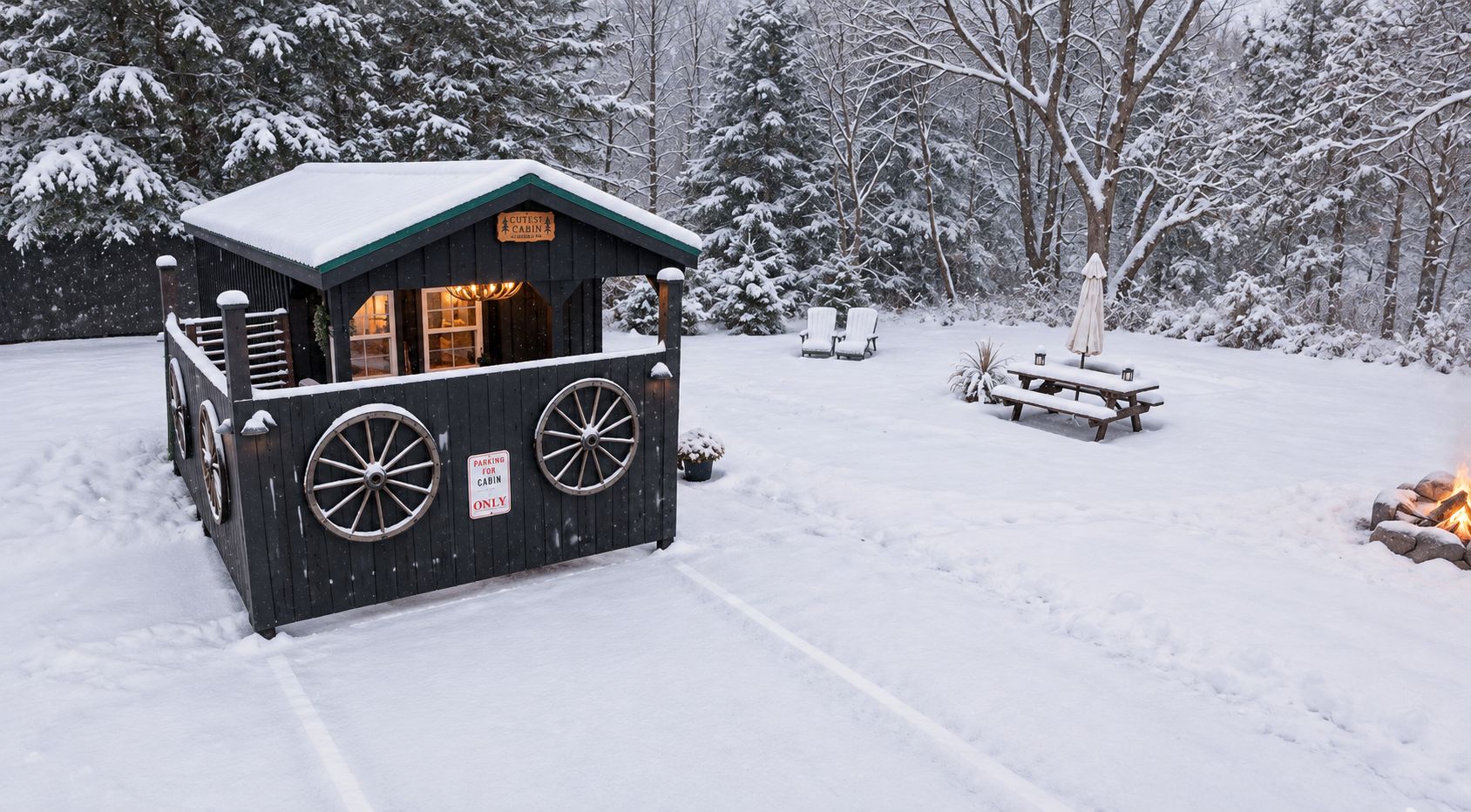 A cabin with a sign indicating it is a cutest cabin, surrounded by snow-covered trees and a picnic area with a fire pit.
